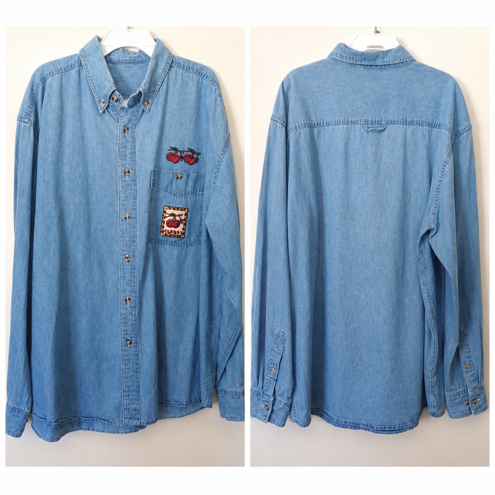 Cherry Embroidered Denim Chambray Button Up Shirt Women XL Cottagecore Kawaii